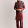 Red Linen Kurta Jacket Set With Ajrakh Print