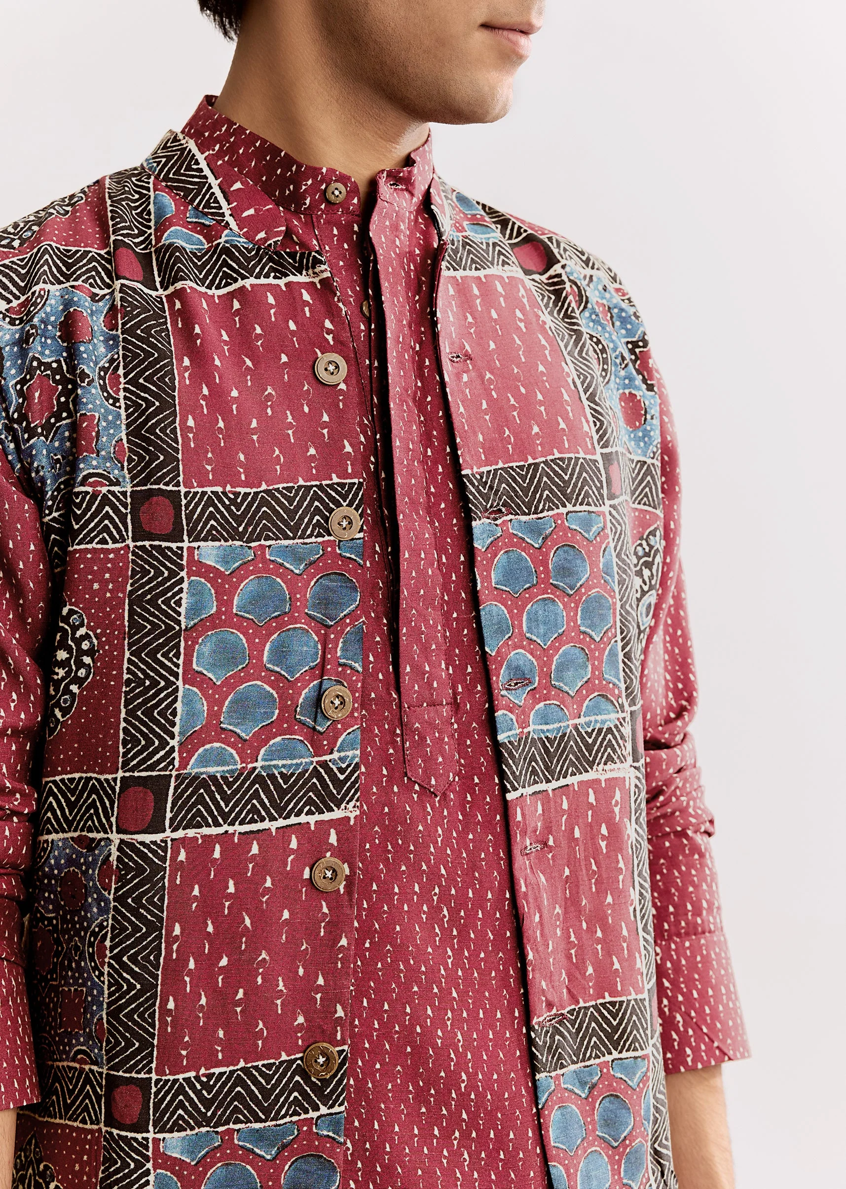 Red Linen Kurta Jacket Set With Ajrakh Print