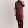 Red Linen Kurta Jacket Set With Ajrakh Print