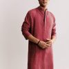 Red Linen Kurta Jacket Set With Ajrakh Print