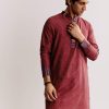 Red Linen Kurta Set With Ajrakh Print