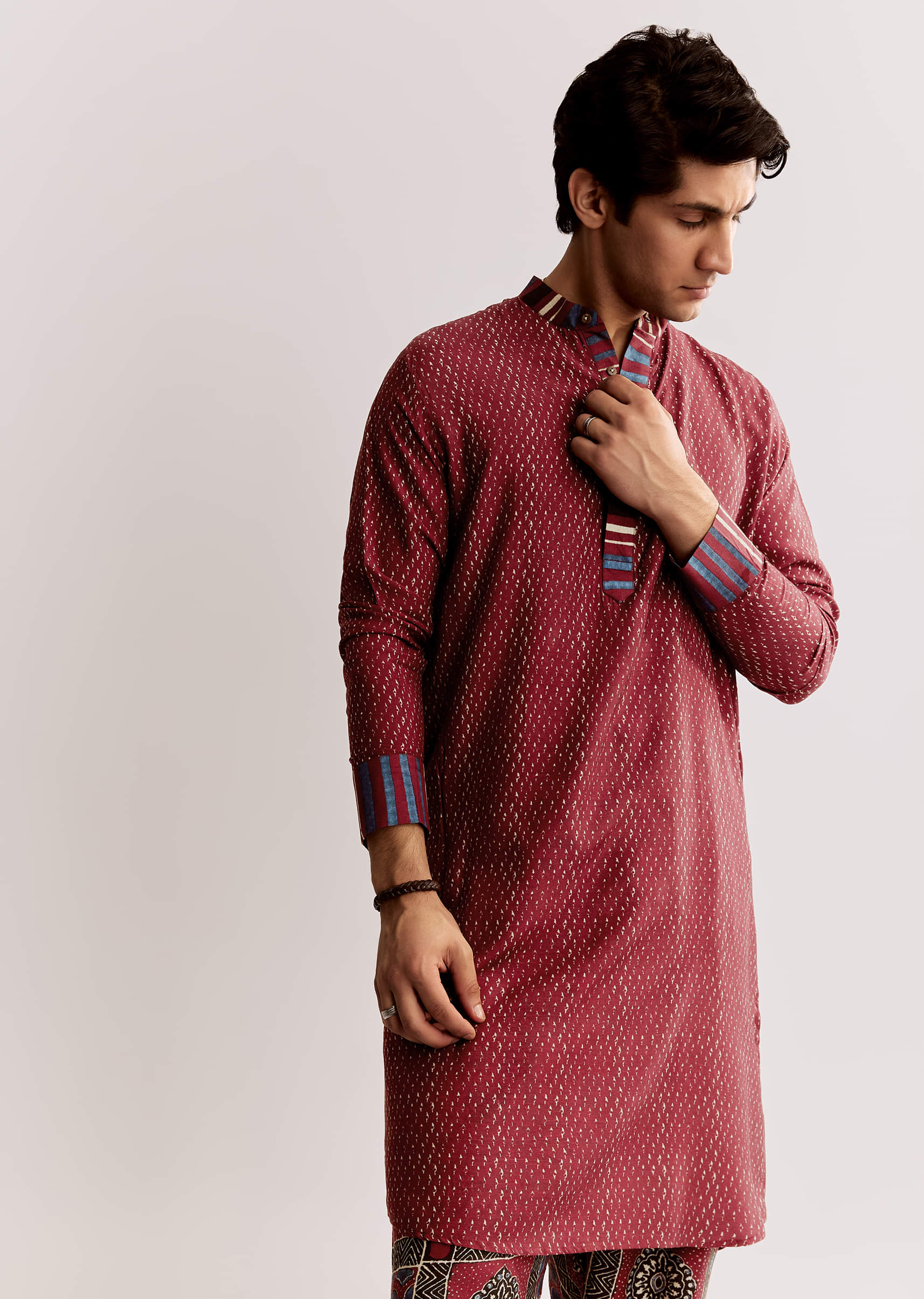 16405-red-linen-kurta-set-with-ajrakh-print-1.jpg Red Linen Kurta Set With Ajrakh Print