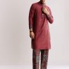 Red Linen Kurta Set With Ajrakh Print