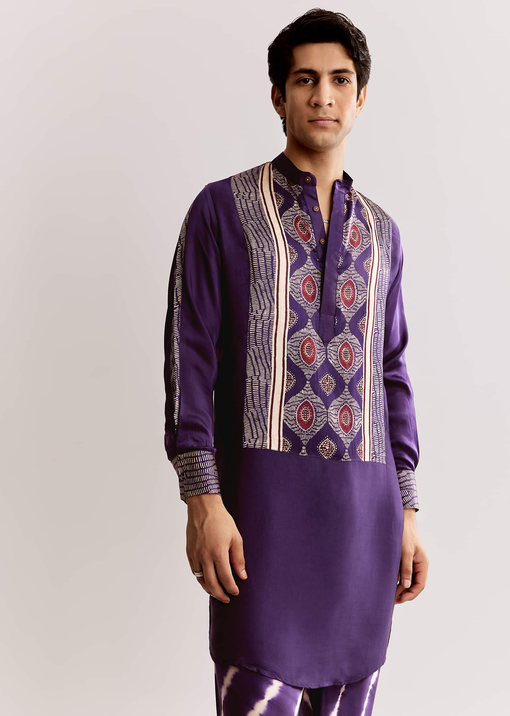 16414-purple-silk-kurta-set-with-ajrakh-print-1.jpg Purple Silk Kurta Set With Ajrakh Print