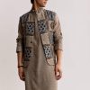 Grey Linen Kurta Jacket Set With Ajrakh Print