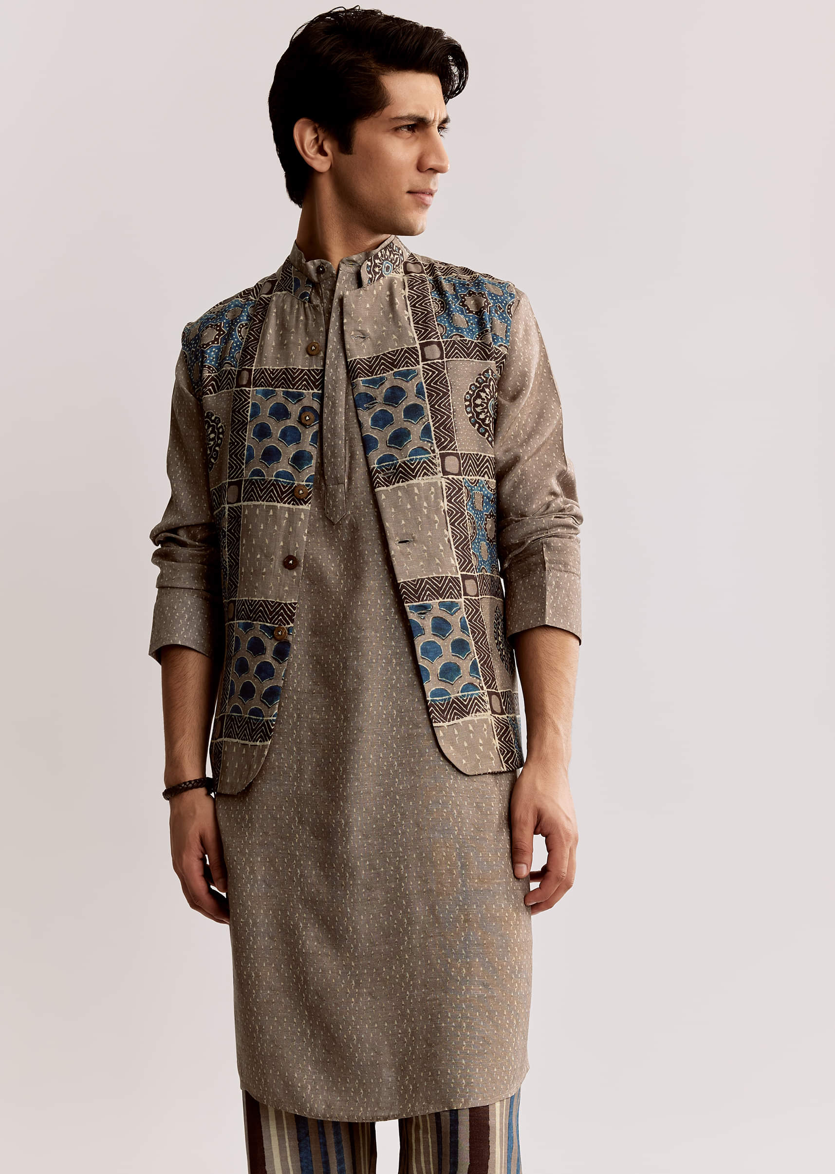 16441-grey-linen-kurta-jacket-set-with-ajrakh-print-1.jpg Grey Linen Kurta Jacket Set With Ajrakh Print