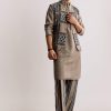 Grey Linen Kurta Jacket Set With Ajrakh Print