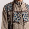 Grey Linen Kurta Jacket Set With Ajrakh Print