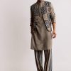 Grey Linen Kurta Jacket Set With Ajrakh Print