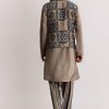 Grey Linen Kurta Jacket Set With Ajrakh Print