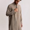 Grey Linen Kurta Jacket Set With Ajrakh Print