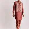 Rust Silk Kurta Set With Handcrafted Ajrakh Print