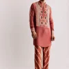 Rust Silk Kurta Set With Handcrafted Ajrakh Print