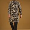 Black Silk Kurta Set For Men With Mirror Work