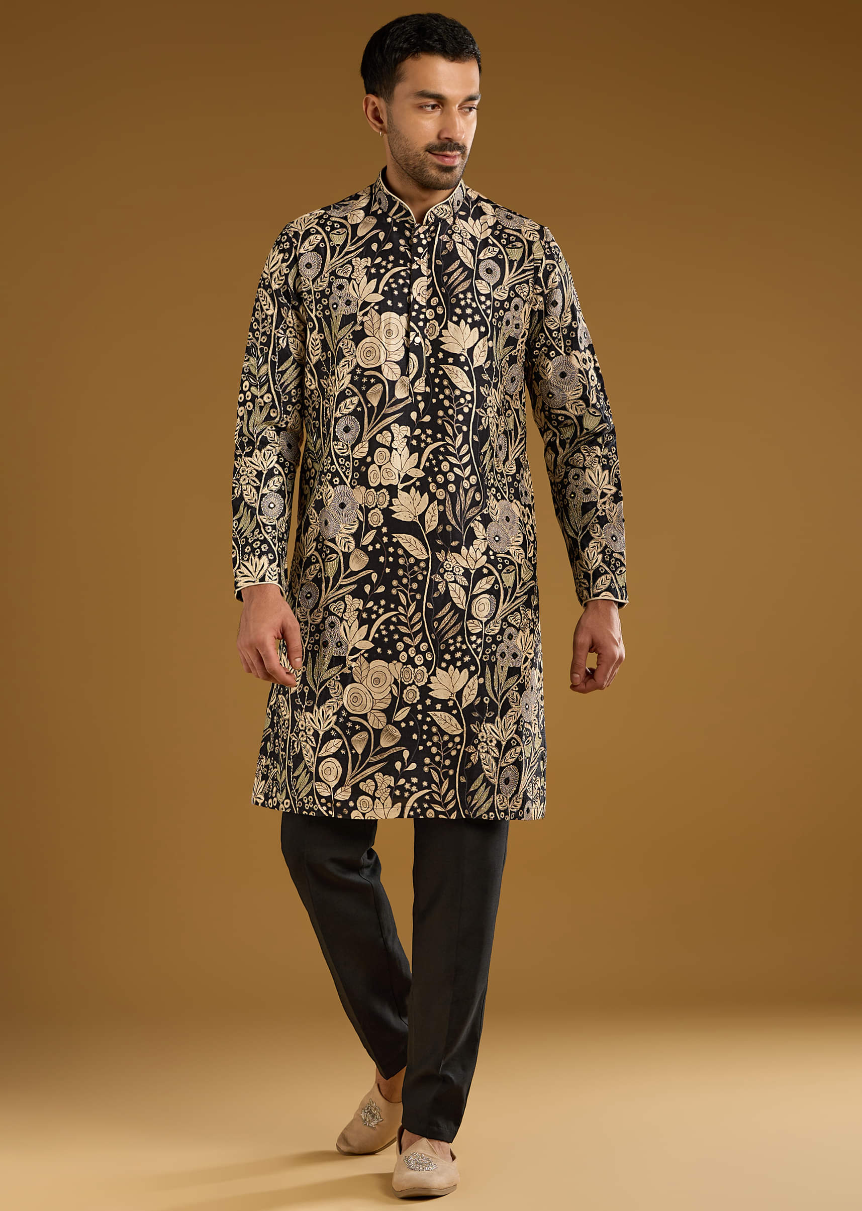 16459-black-silk-kurta-set-for-men-with-mirror-work-1.jpg Black Silk Kurta Set For Men With Mirror Work