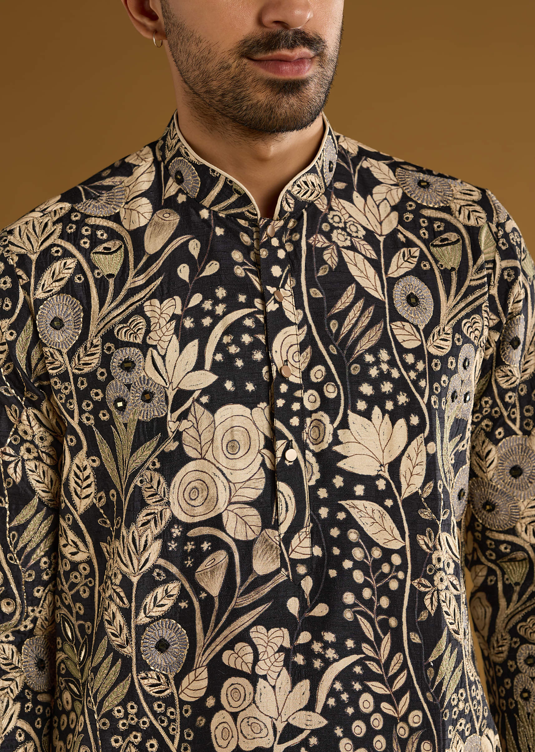 Black Silk Kurta Set For Men With Mirror Work