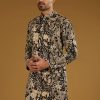 Black Silk Kurta Set For Men With Mirror Work