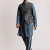 Blue Linen Kurta Jacket Set With Ajrakh Print
