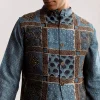 Blue Linen Kurta Jacket Set With Ajrakh Print