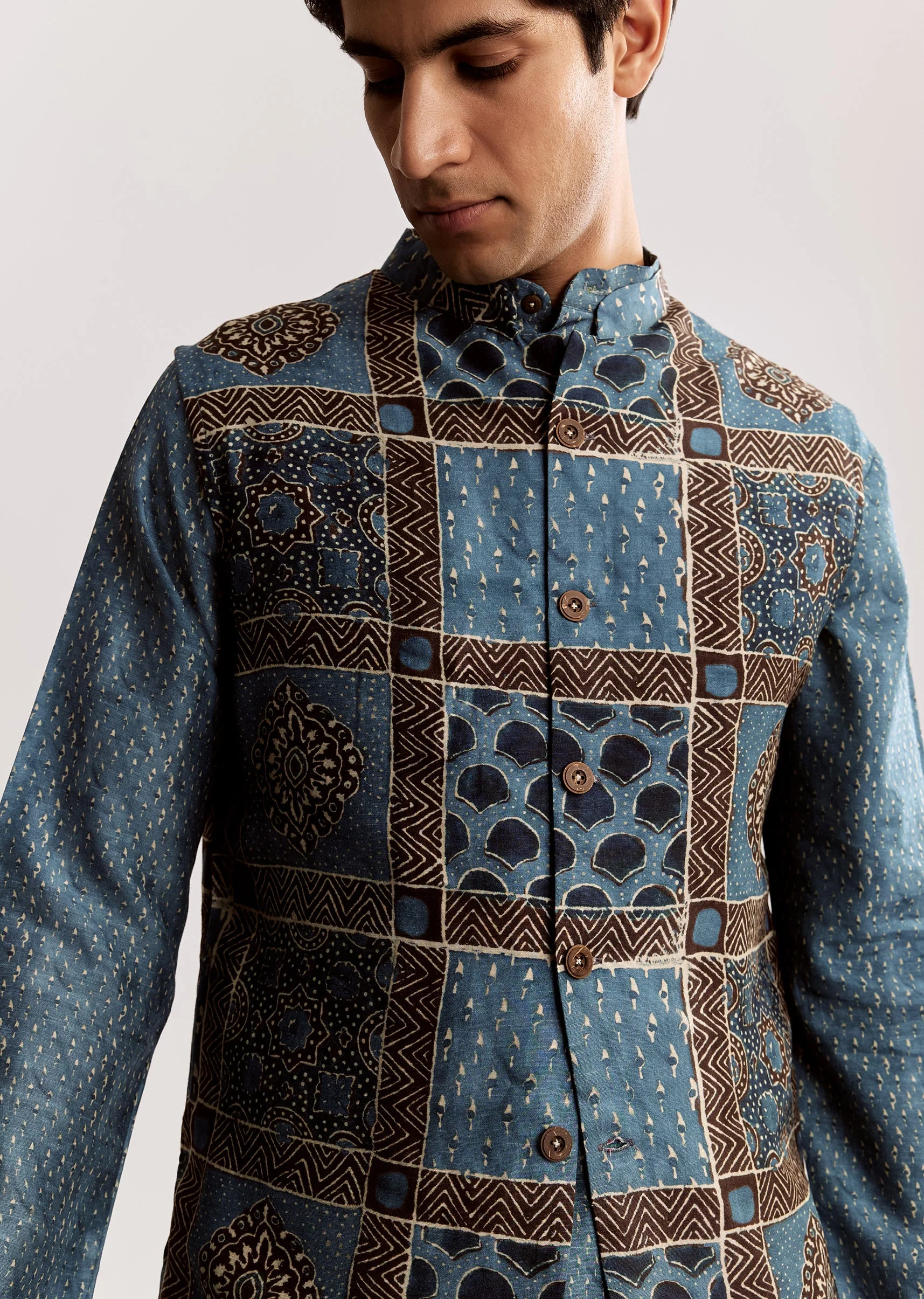 Blue Linen Kurta Jacket Set With Ajrakh Print