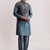 Blue Linen Kurta Jacket Set With Ajrakh Print