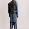 Blue Linen Kurta Jacket Set With Ajrakh Print