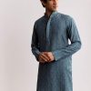 Blue Linen Kurta Jacket Set With Ajrakh Print