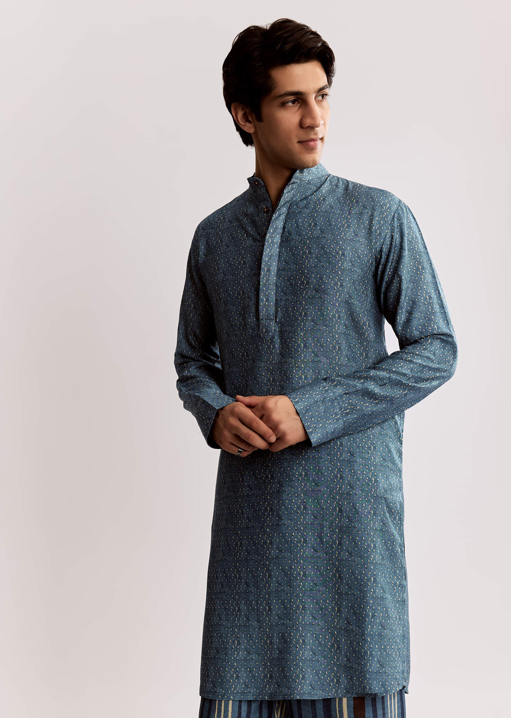 Blue Linen Kurta Jacket Set With Ajrakh Print