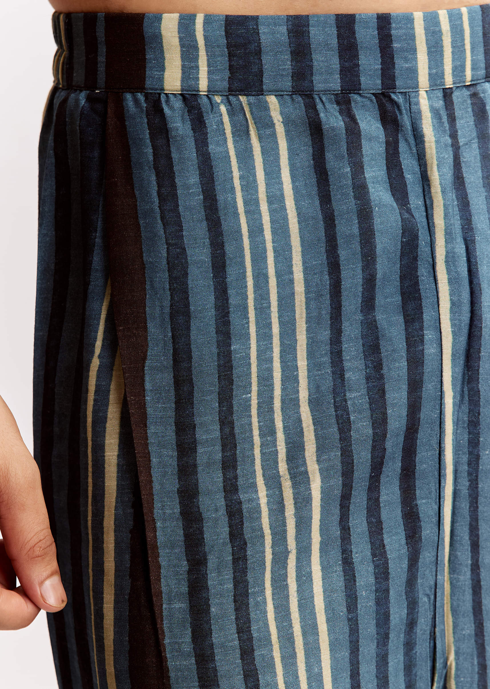 Blue Linen Kurta Jacket Set With Ajrakh Print