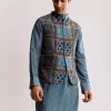 Blue Linen Kurta Jacket Set With Ajrakh Print