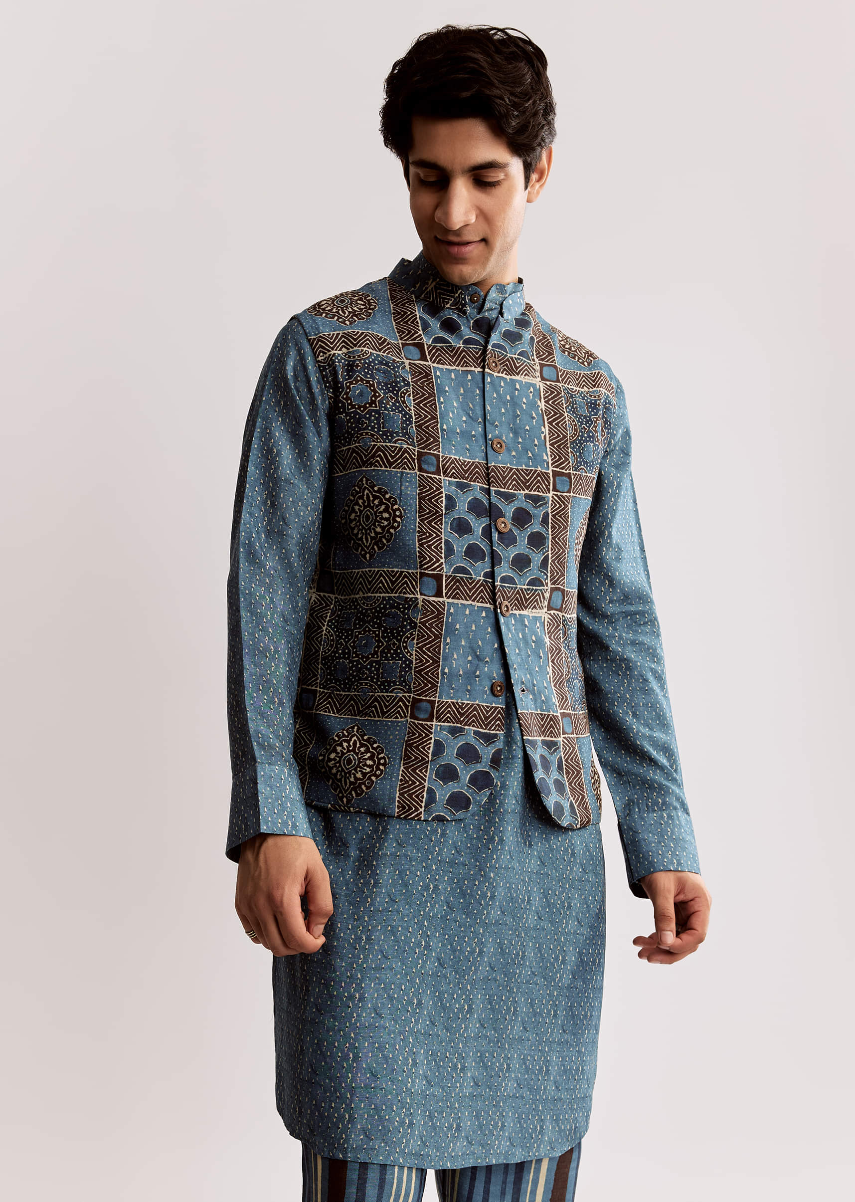 16470-38-38-variation-1.jpg Blue Linen Kurta Jacket Set With Ajrakh Print