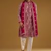 Red Silk Kurta Set For Men With Resham Embroidery