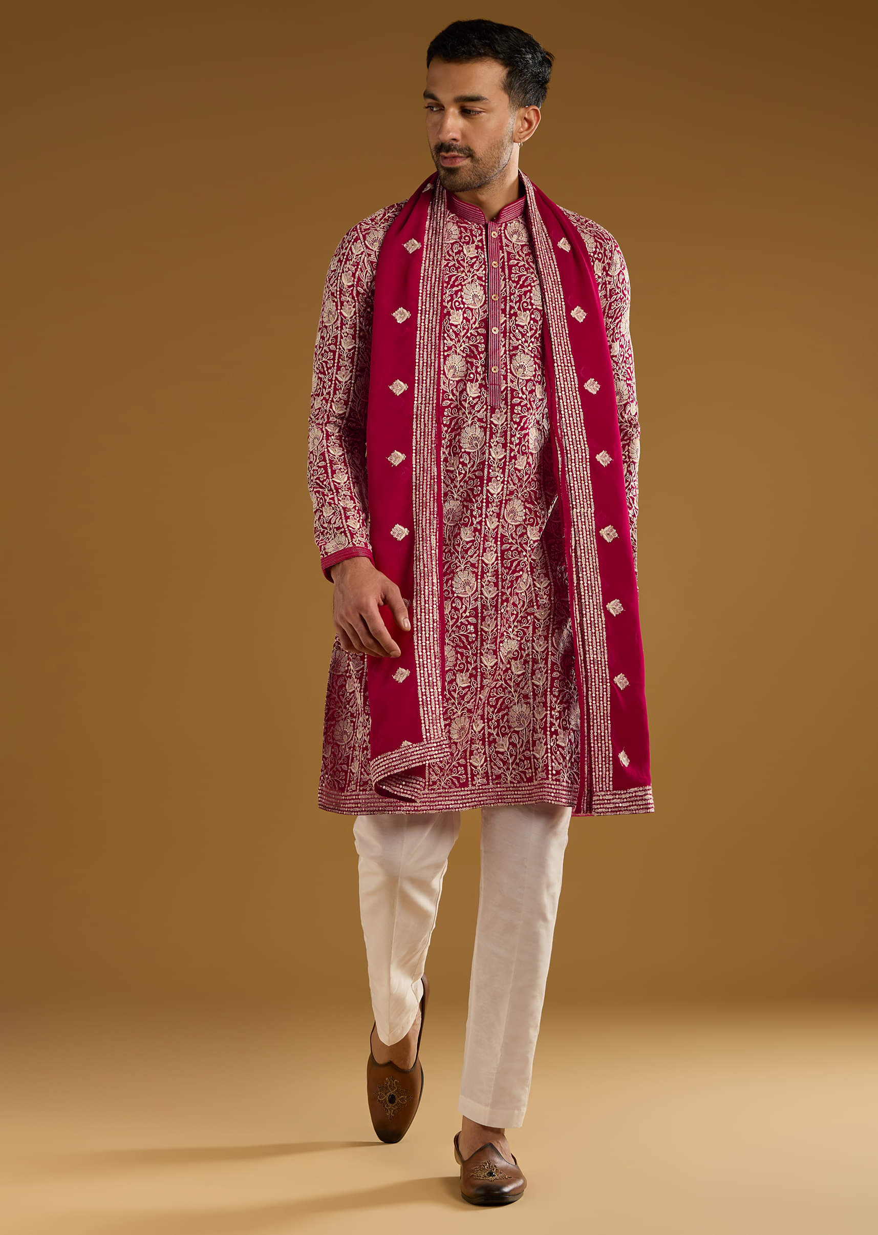 16477-red-silk-kurta-set-for-men-with-resham-embroidery-1.jpg Red Silk Kurta Set For Men With Resham Embroidery