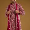 Red Silk Kurta Set For Men With Resham Embroidery