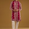 Red Silk Kurta Set For Men With Resham Embroidery