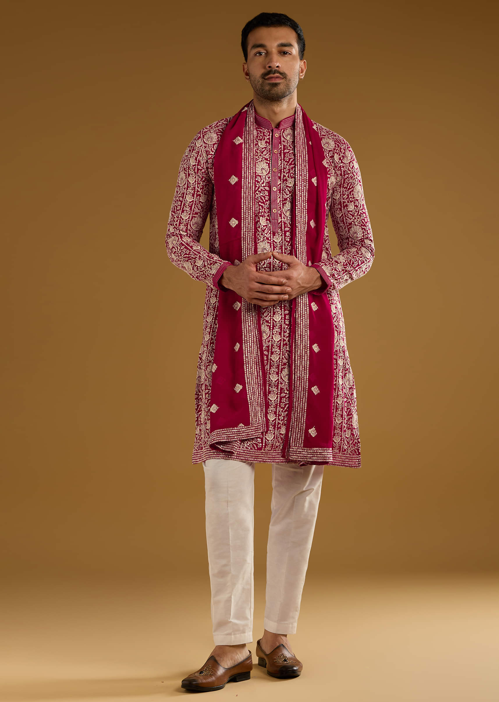 Red Silk Kurta Set For Men With Resham Embroidery