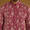 Red Silk Kurta Set For Men With Resham Embroidery