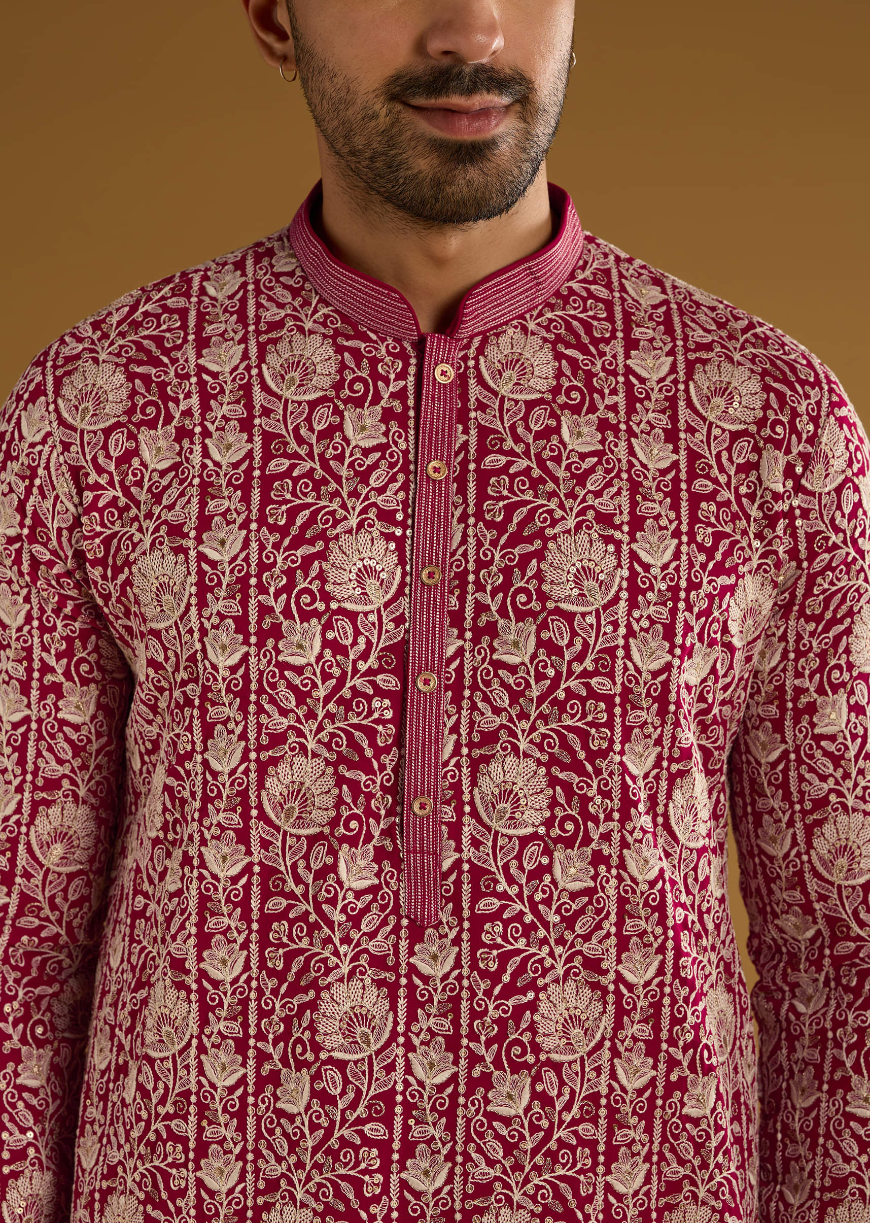 Red Silk Kurta Set For Men With Resham Embroidery