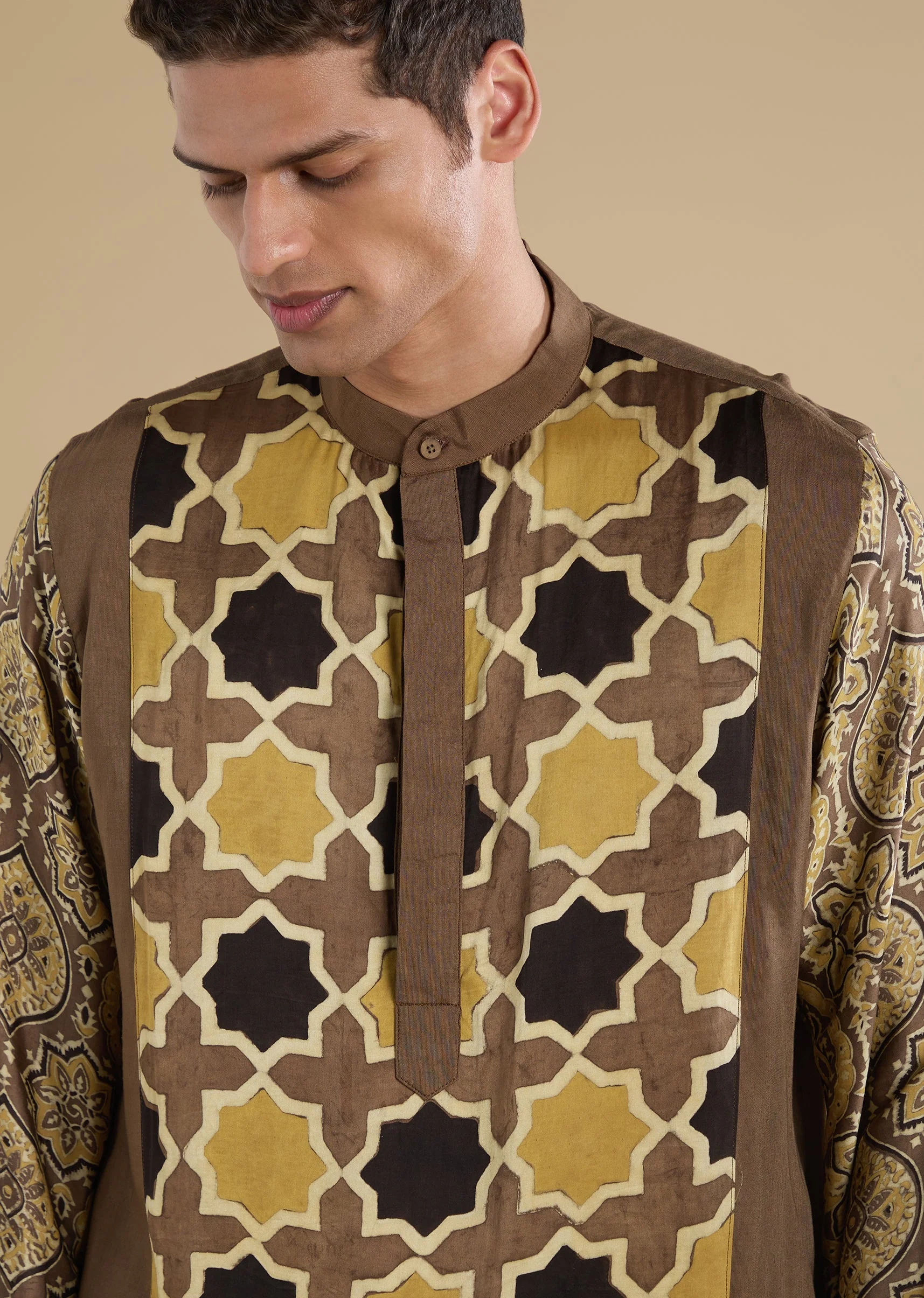 Beige Ajrakh Printed Kurta Set