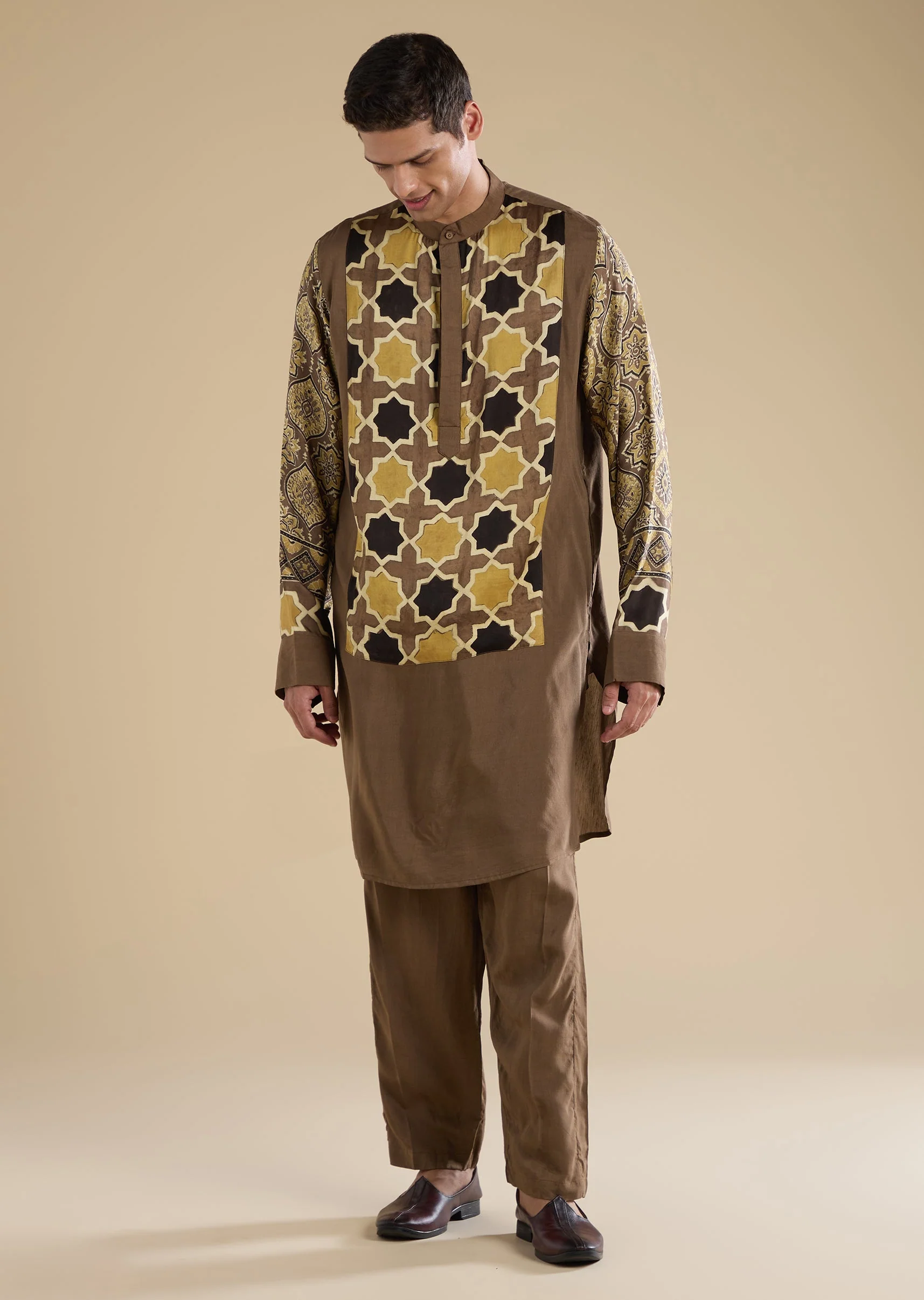 Beige Ajrakh Printed Kurta Set
