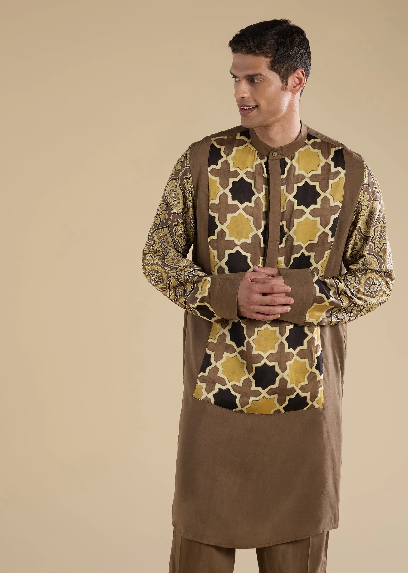 Beige Ajrakh Printed Kurta Set