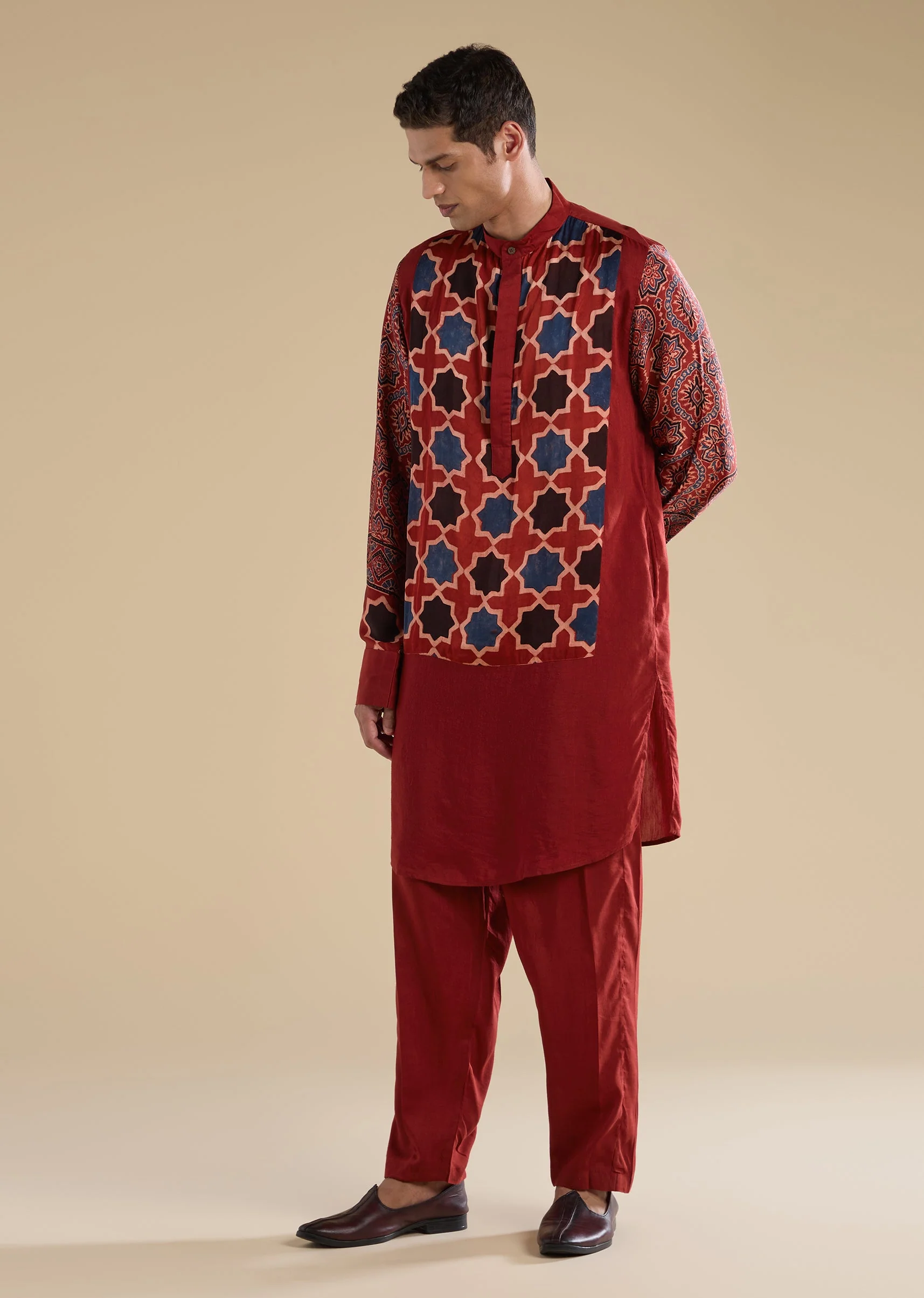 16504-red-ajrakh-printed-kurta-set-1.webp Red Ajrakh Printed Kurta Set