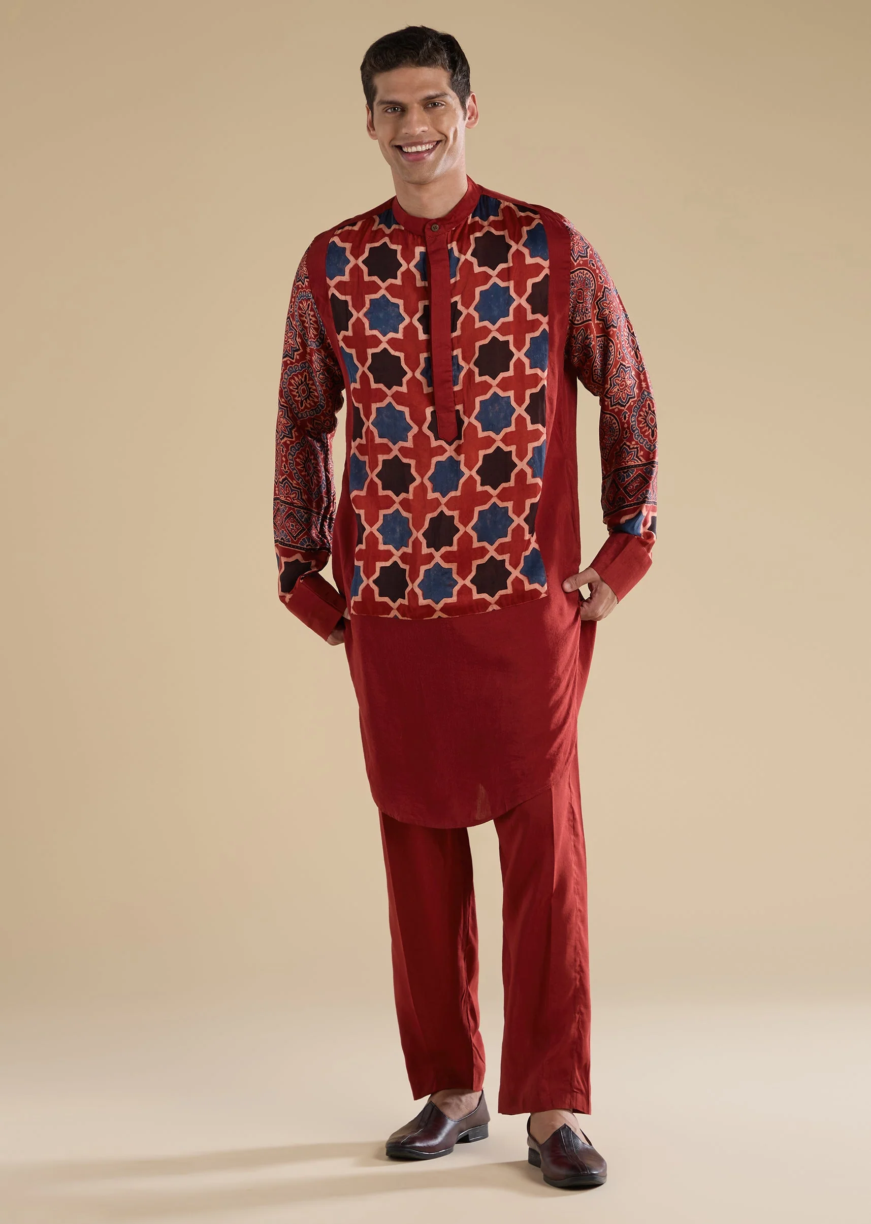 Red Ajrakh Printed Kurta Set