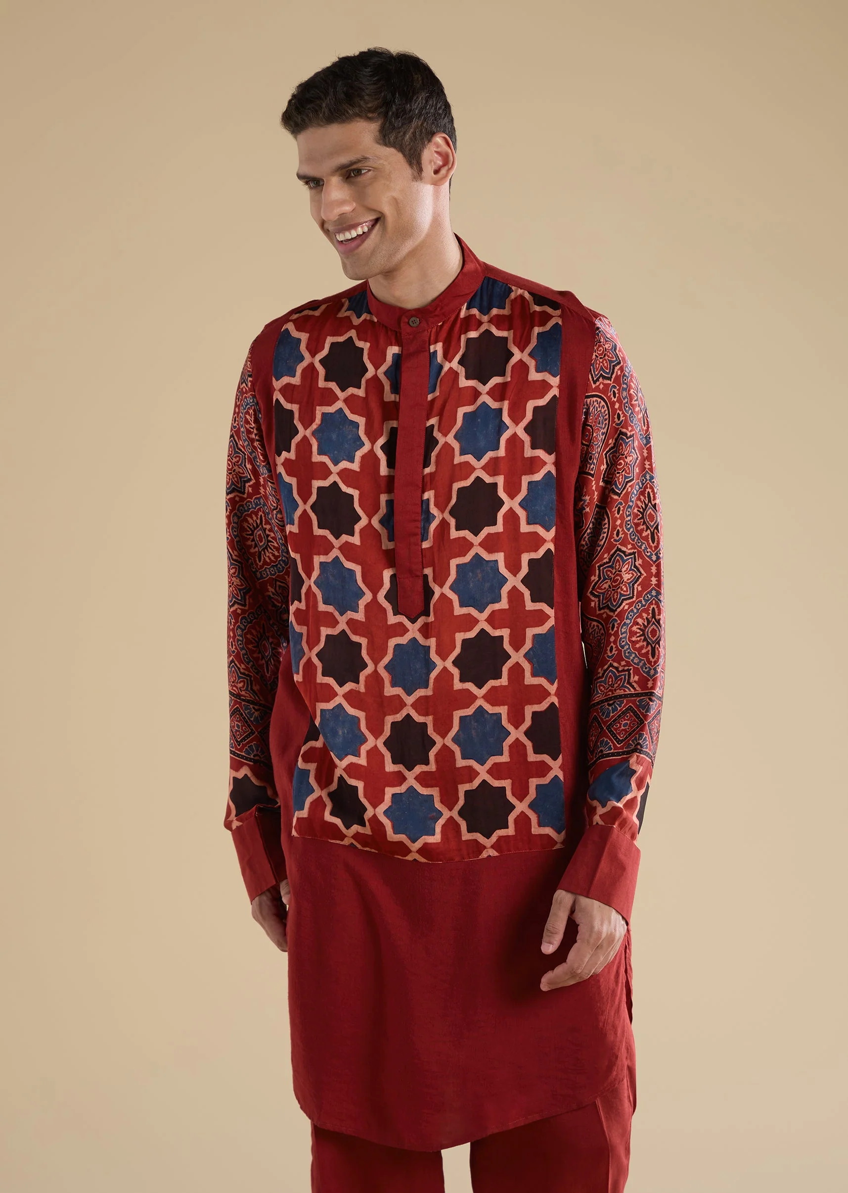 Red Ajrakh Printed Kurta Set
