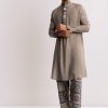 Grey Linen Kurta Set With Ajrakh Print