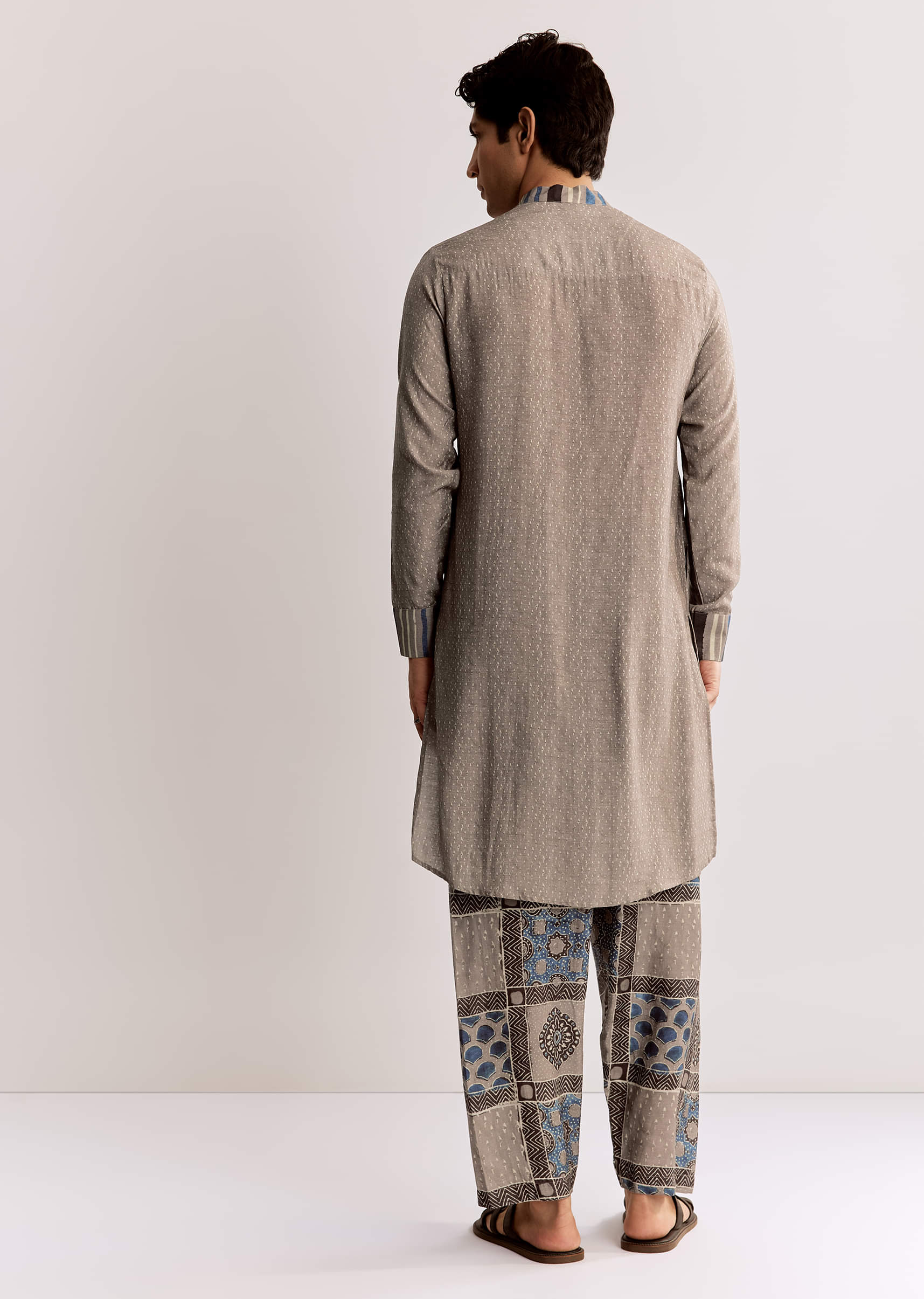 Grey Linen Kurta Set With Ajrakh Print