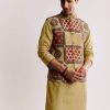 Yellow Linen Kurta Jacket Set With Ajrakh Print