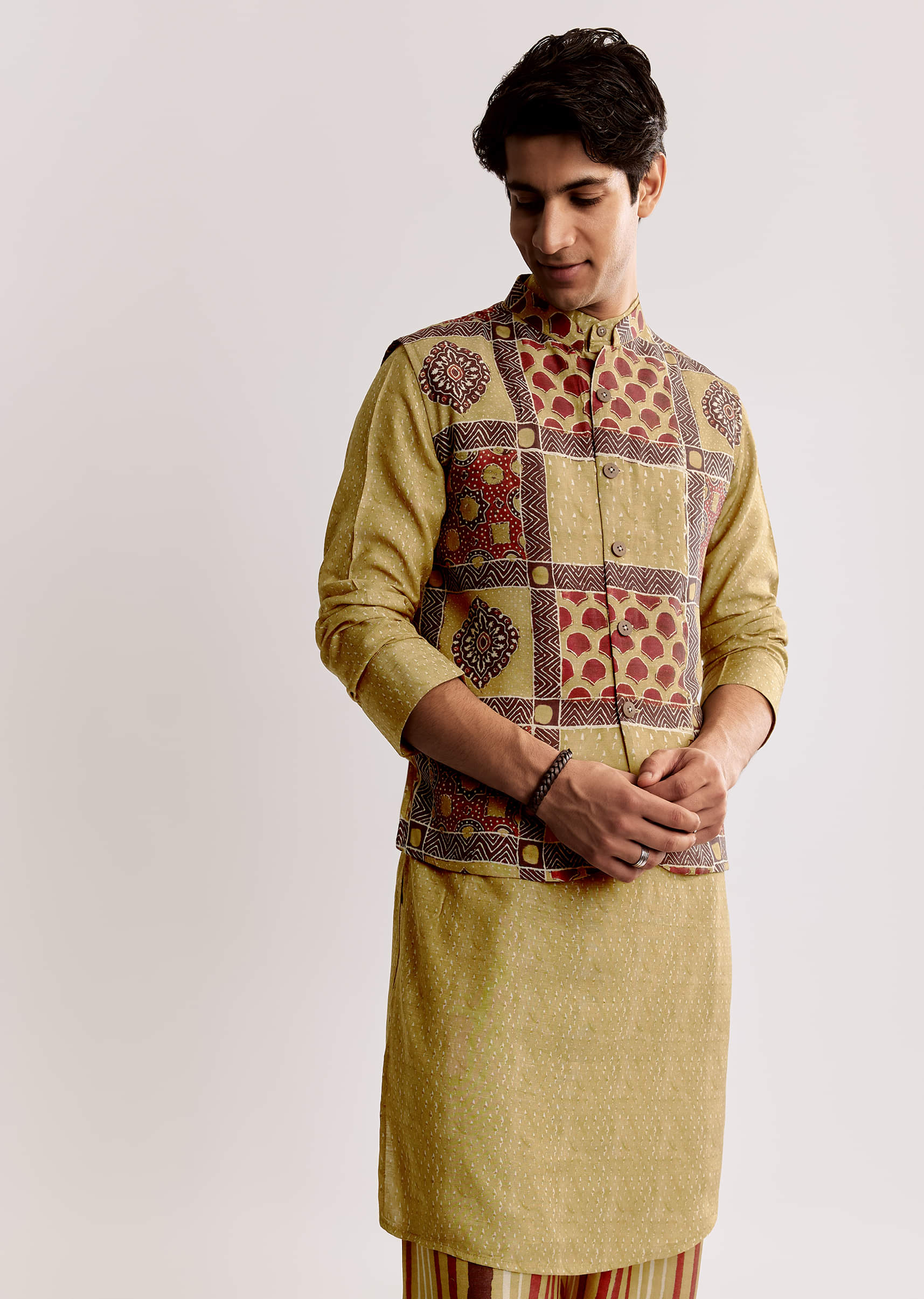 16522-yellow-linen-kurta-jacket-set-with-ajrakh-print-1.jpg Yellow Linen Kurta Jacket Set With Ajrakh Print