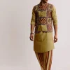Yellow Linen Kurta Jacket Set With Ajrakh Print