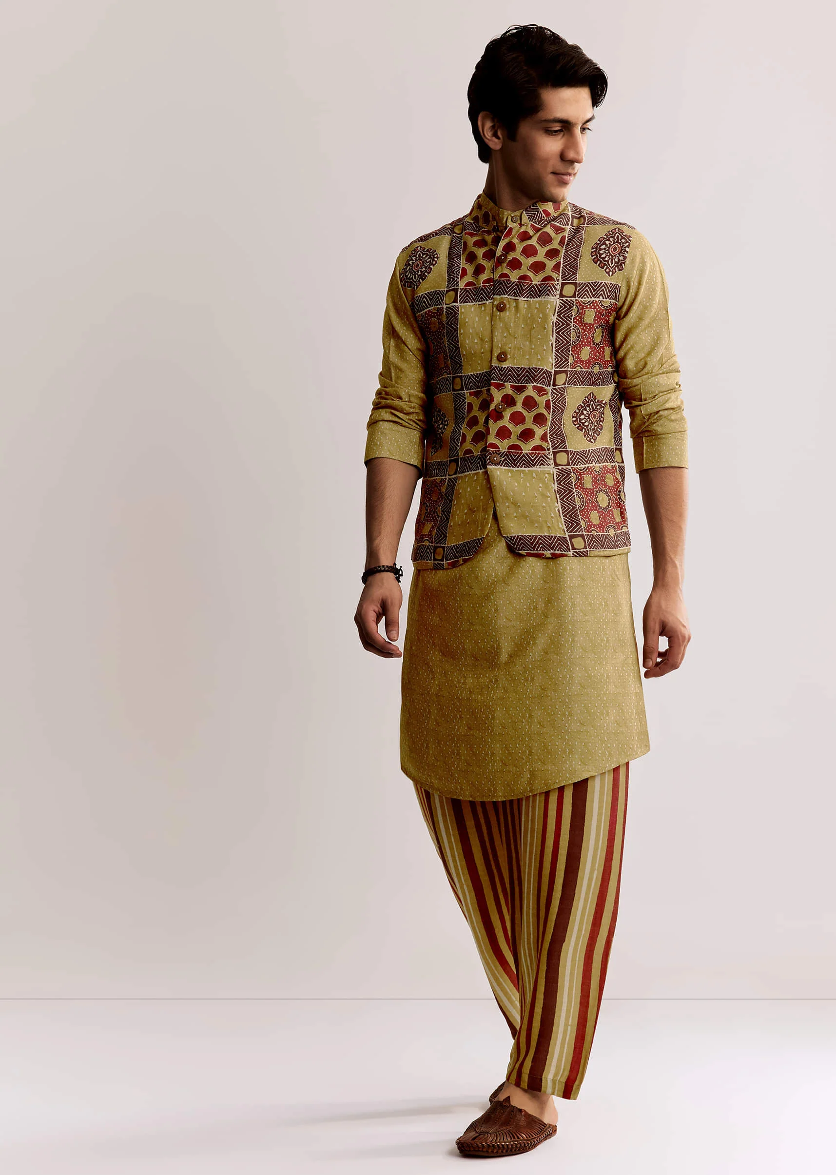 Yellow Linen Kurta Jacket Set With Ajrakh Print
